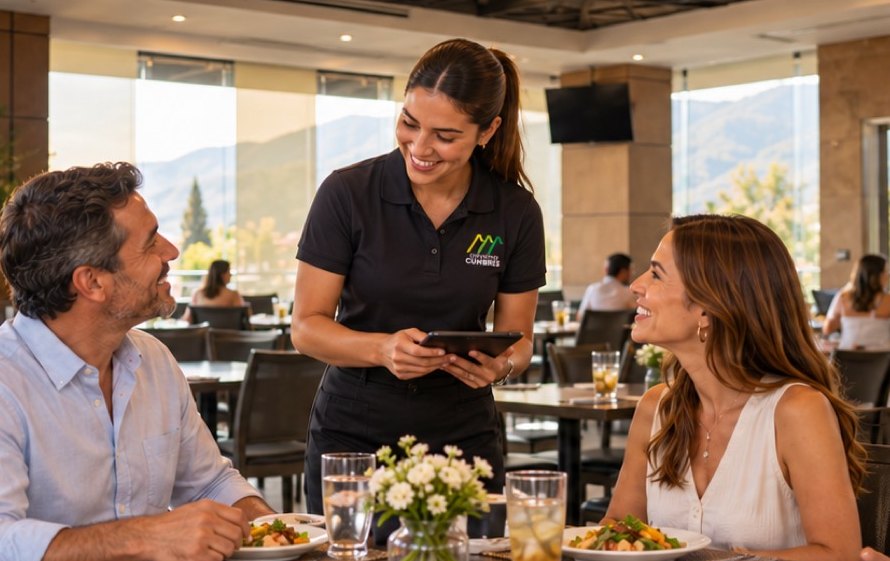 Mesera atendiendo a una pareja de socios en el restaurante