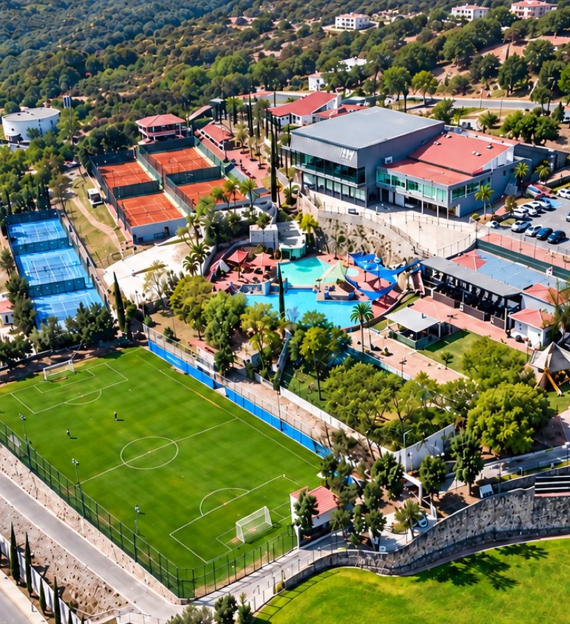 Vista aérea del Deportivo Cumbres con la cancha de fútbol, canchas de tenis y alberca