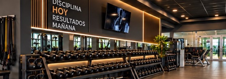 Gimnasio renovado con pesas e iluminación cálida