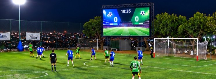 Cancha de fútbol de noche con pantalla de marcador