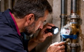 Técnico revisando tuberías y medidor de agua