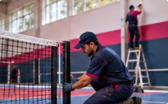 Personal de mantenimiento mejorando una cancha techada